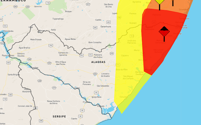 Inmet estende aviso de chuvas em AL e inclui quase 30 cidades em alerta de grande perigo